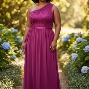 David's Bridal One-Shoulder Lace Bodice Maxi Dress in Plum